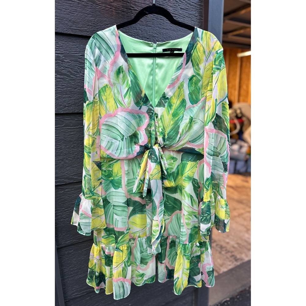 Alex Marie Womens Stella Tropical Palm Leaf Tie Front Ruffle Mini Dress